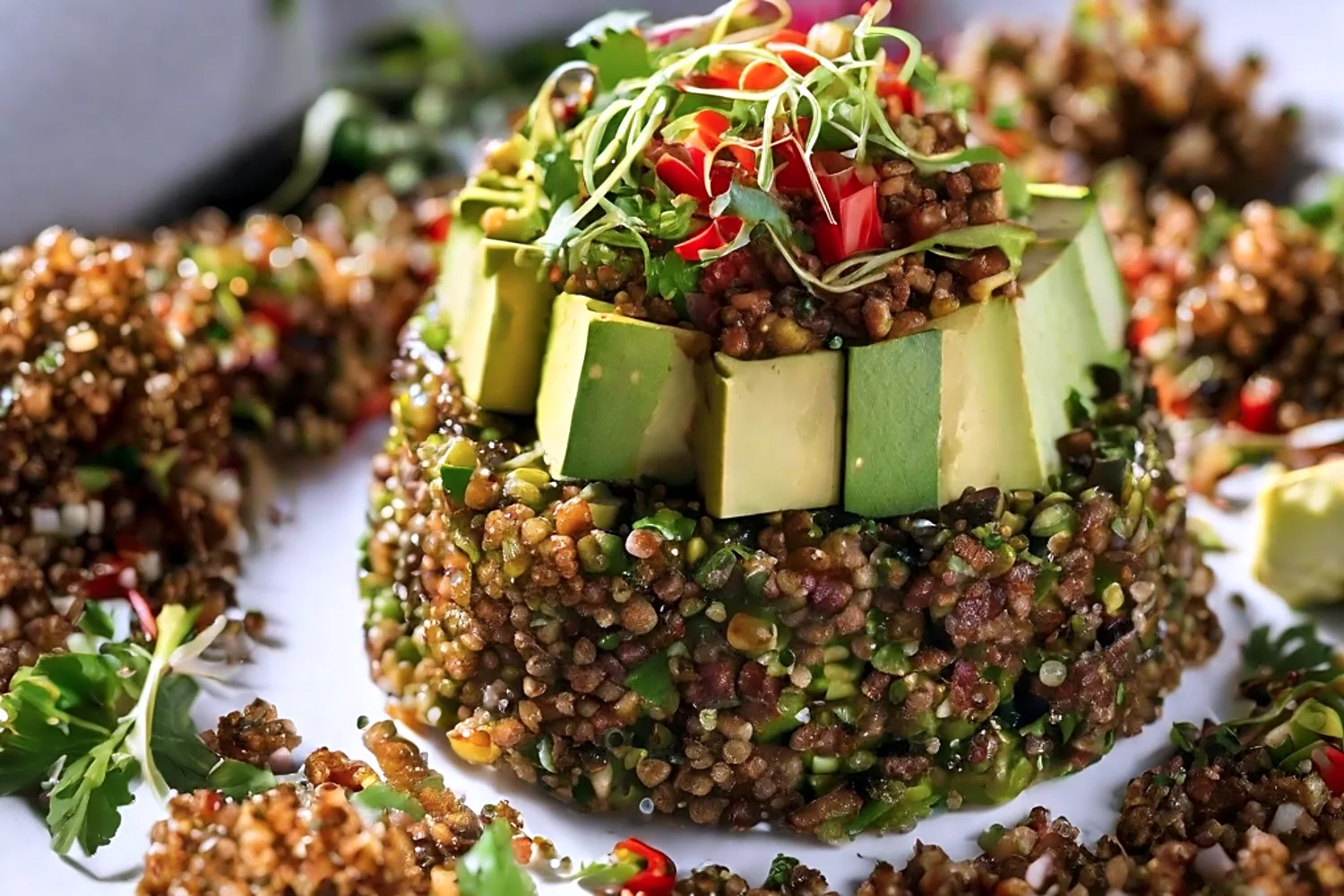 A delicious recipe for spicy anchovy and avocado tartare with crispy quinoa